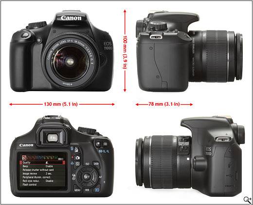 มิติของ EOS 1100D จะเห็นว่าใหญ่กว่า 1000D เล็กน้อย มีน้ำหนัก 495 กรัม