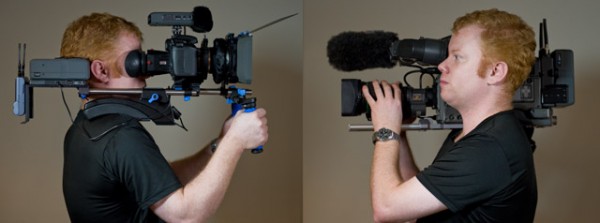 ด้านซ้ายเป็นกล้อง Canon EOS 7D โมดีฟายด์เต็มพิกัดและด้านขวาเป็นกล้องวีดีโอระดับกึ่งโปรทั่วไป ผู้ดัดแปลงก็คือคนถือกล้องในภาพนั่นเอง Matt Jasper, ตากล้อง the UK?s Channel 4 news