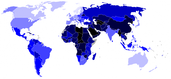 Democracyindex จัดทำในปี 2007 ยิ่งสีอ่อน ยิ่งเป็น ประชาธิปไตย