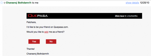Quepasa จะส่งเมล์โดยใช้ชื่อเพื่อนที่เรารู้จักมาดังนี้