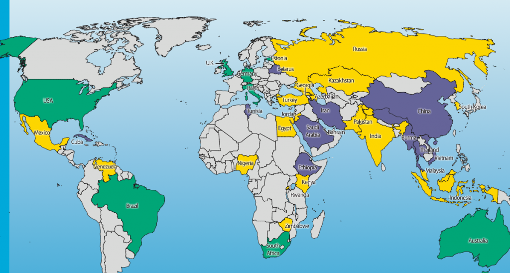 สีเขียวคือประเทศที่ internet สภาวะ Free ,สีเหลือง Partly Free, สีม่วง Not Free