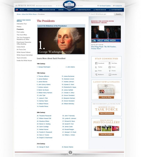 เว็บไซต์ whitehouse.gov มีหน้าแสดงทำเนียบประธานาธิบดีสหรัฐอเมริกาในอดีต