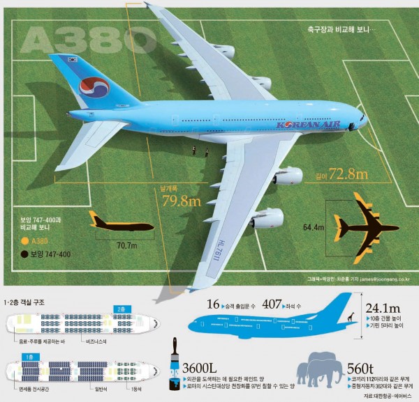 A380 เมื่อจอดในสนามฟุตบอล สังเกตมิติของปลายปีกถึงปลายปีกยาวกว่าหัวถึงท้ายเสียอีก
