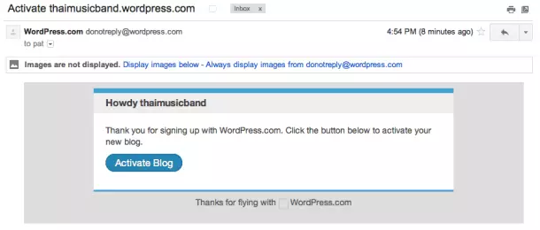 ที่ email จะมีเมล์ส่งมา ให้กด activate WordPress ปุ่มที่เด่นๆครับ ที่ email จะมีเมล์ส่งมา ให้กด activate WordPress ปุ่มที่เด่นๆครับ